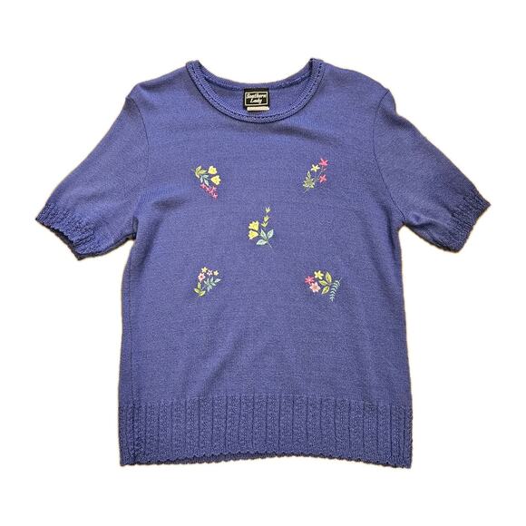 Vtg Southern Lady Embroidered Floral Sweater Womens M Blue Cottagecore Boho Gma - Picture 1 of 9